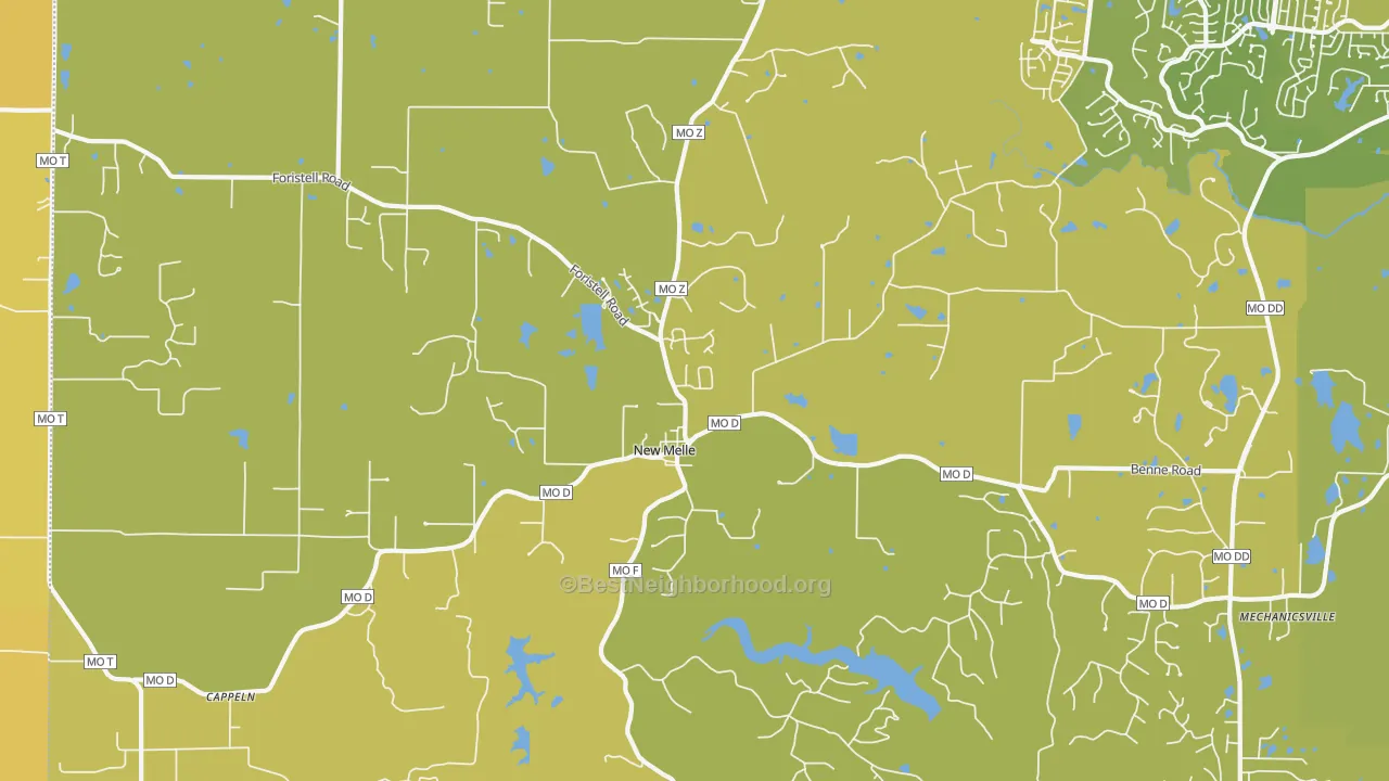 Map of the best neighborhoods in the New Melle area, with better matches in green and worse matches in red