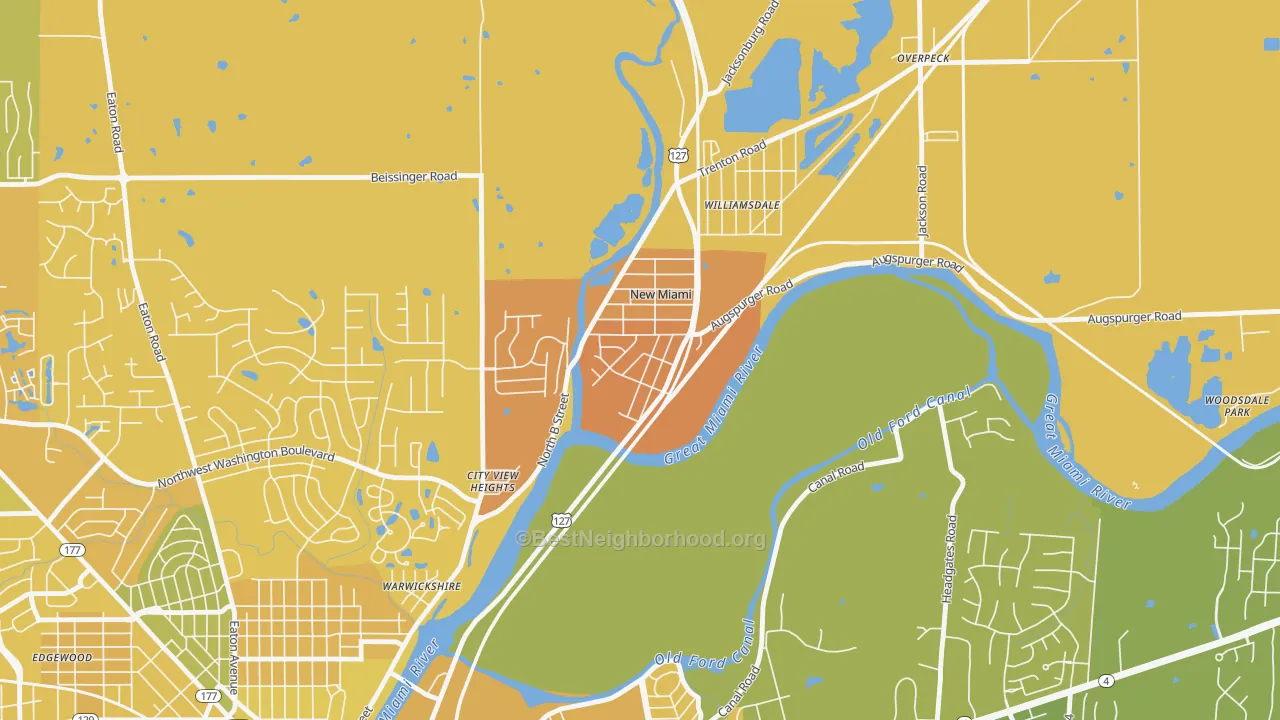 Map of the best neighborhoods in the New Miami area, with better matches in green and worse matches in red