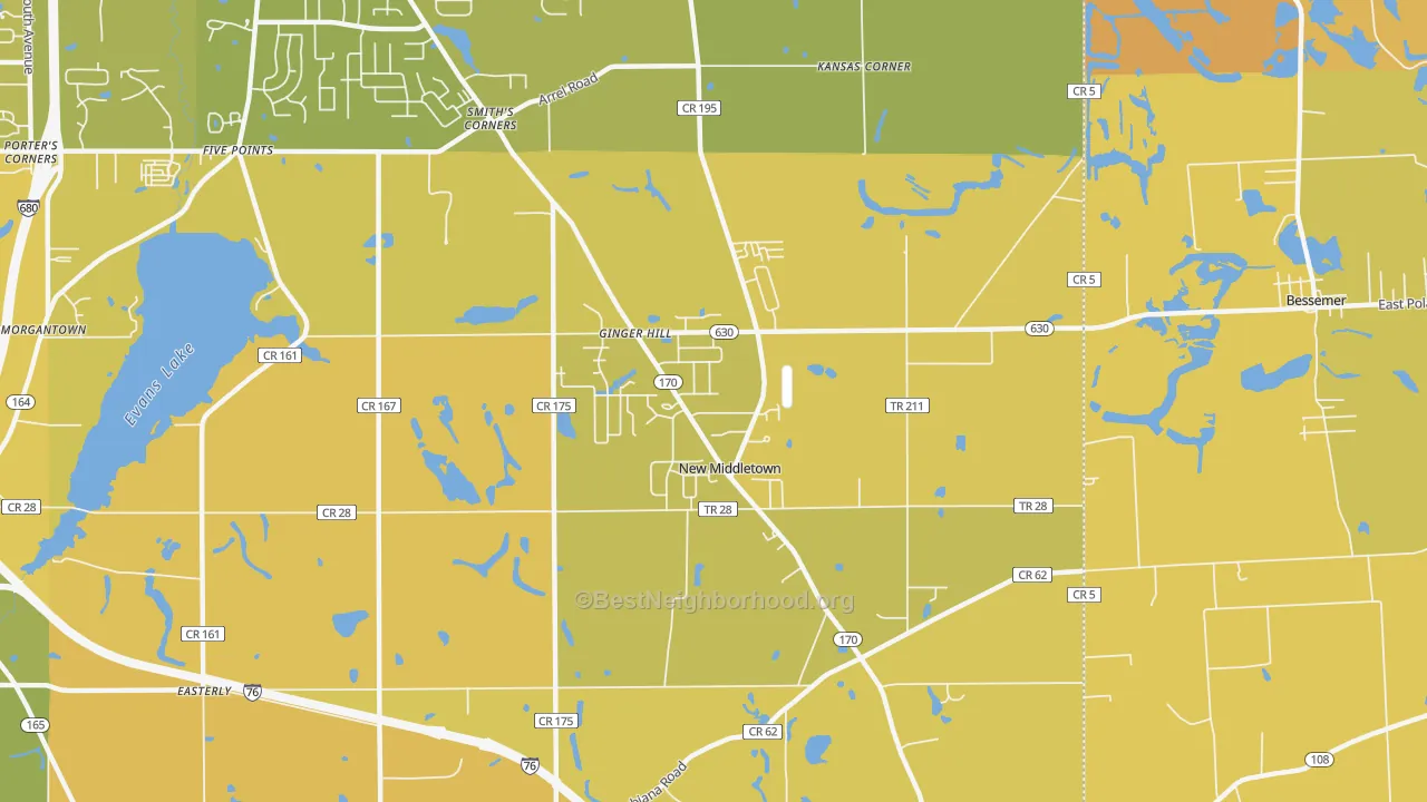 Map of the best neighborhoods in the New Middletown area, with better matches in green and worse matches in red