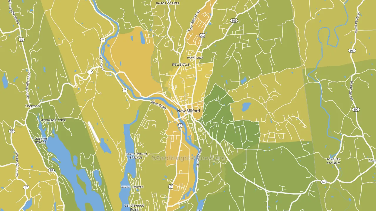 Map of the best neighborhoods in the New Milford area, with better matches in green and worse matches in red