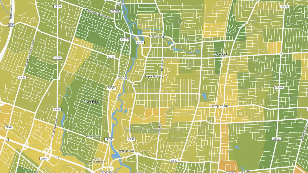 Map of the best neighborhoods in the New Milford area, with better matches in green and worse matches in red