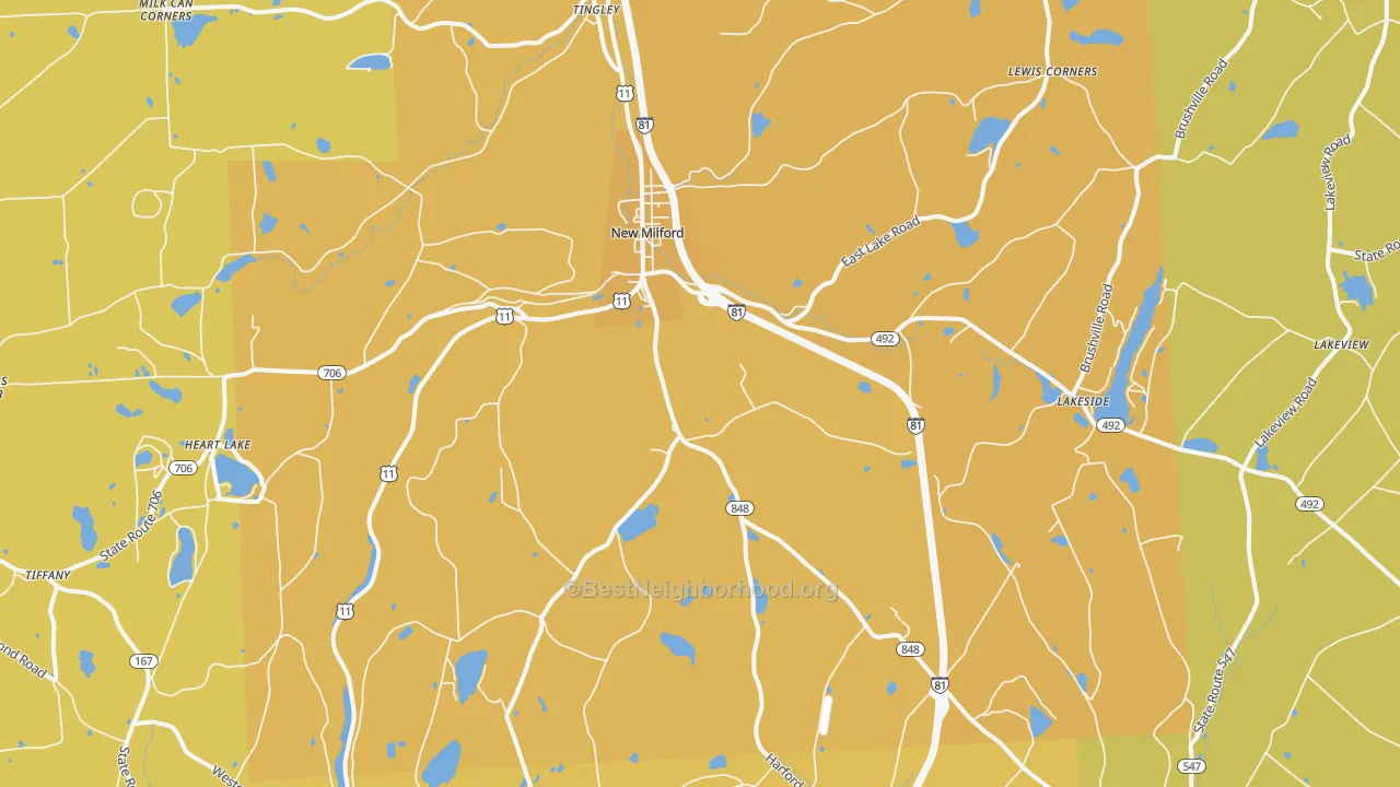 Map of the best neighborhoods in the New Milford area, with better matches in green and worse matches in red