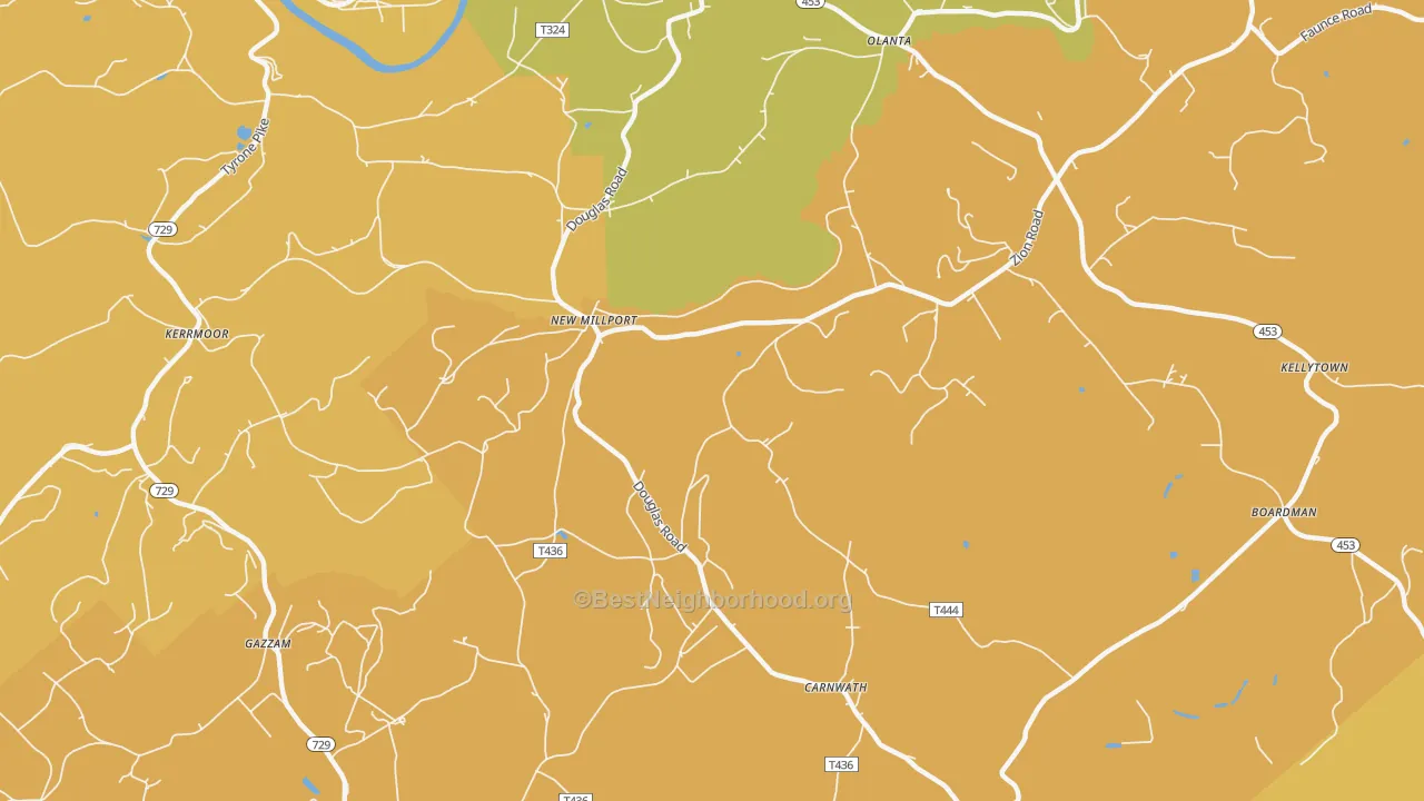 Map of the best neighborhoods in the New Millport area, with better matches in green and worse matches in red