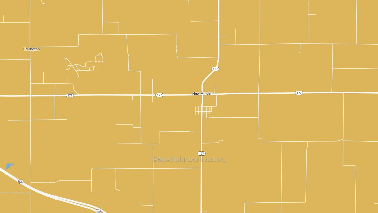 Map of the best neighborhoods in the New Minden area, with better matches in green and worse matches in red
