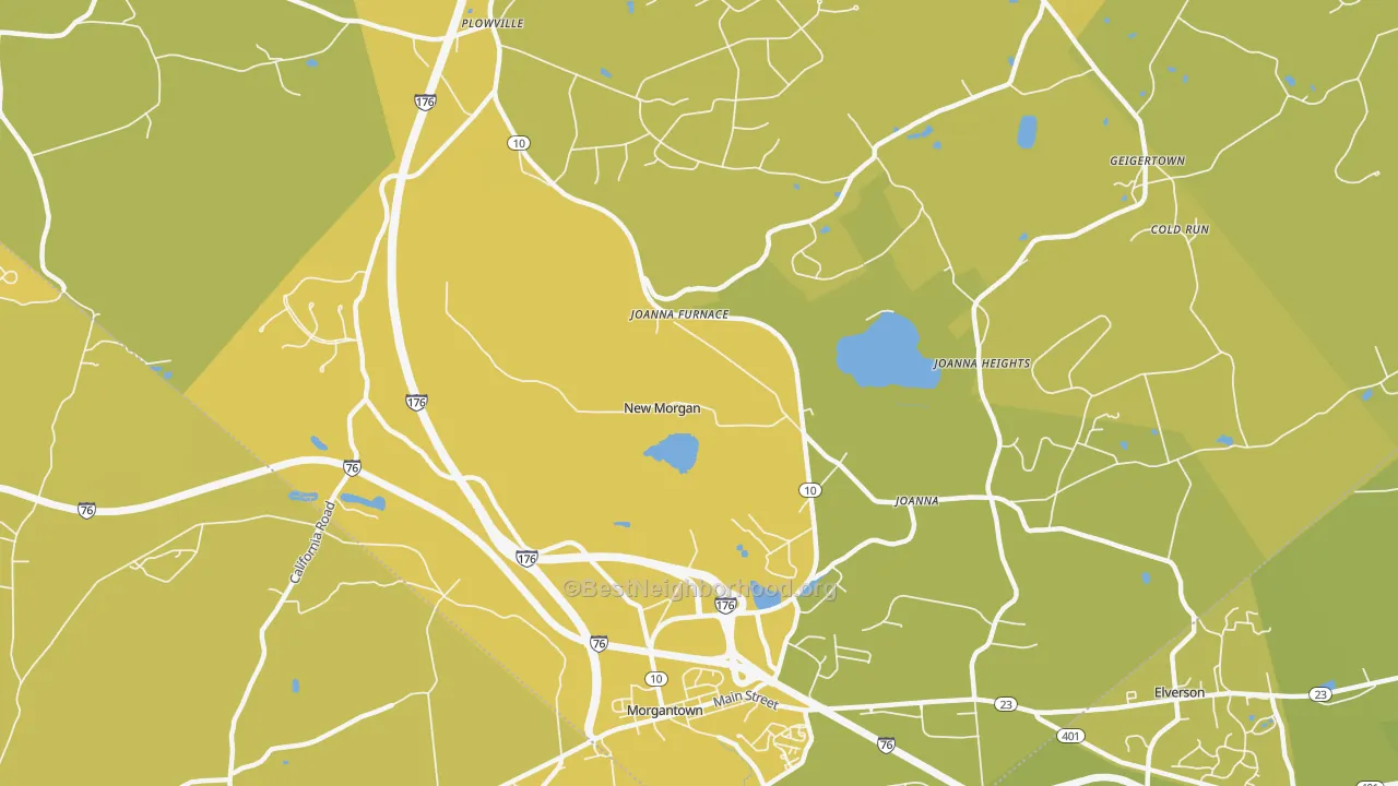 Map of the best neighborhoods in the New Morgan area, with better matches in green and worse matches in red