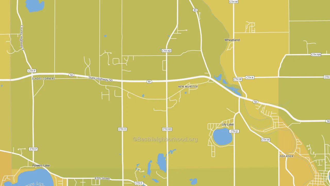 Map of the best neighborhoods in the New Munster area, with better matches in green and worse matches in red