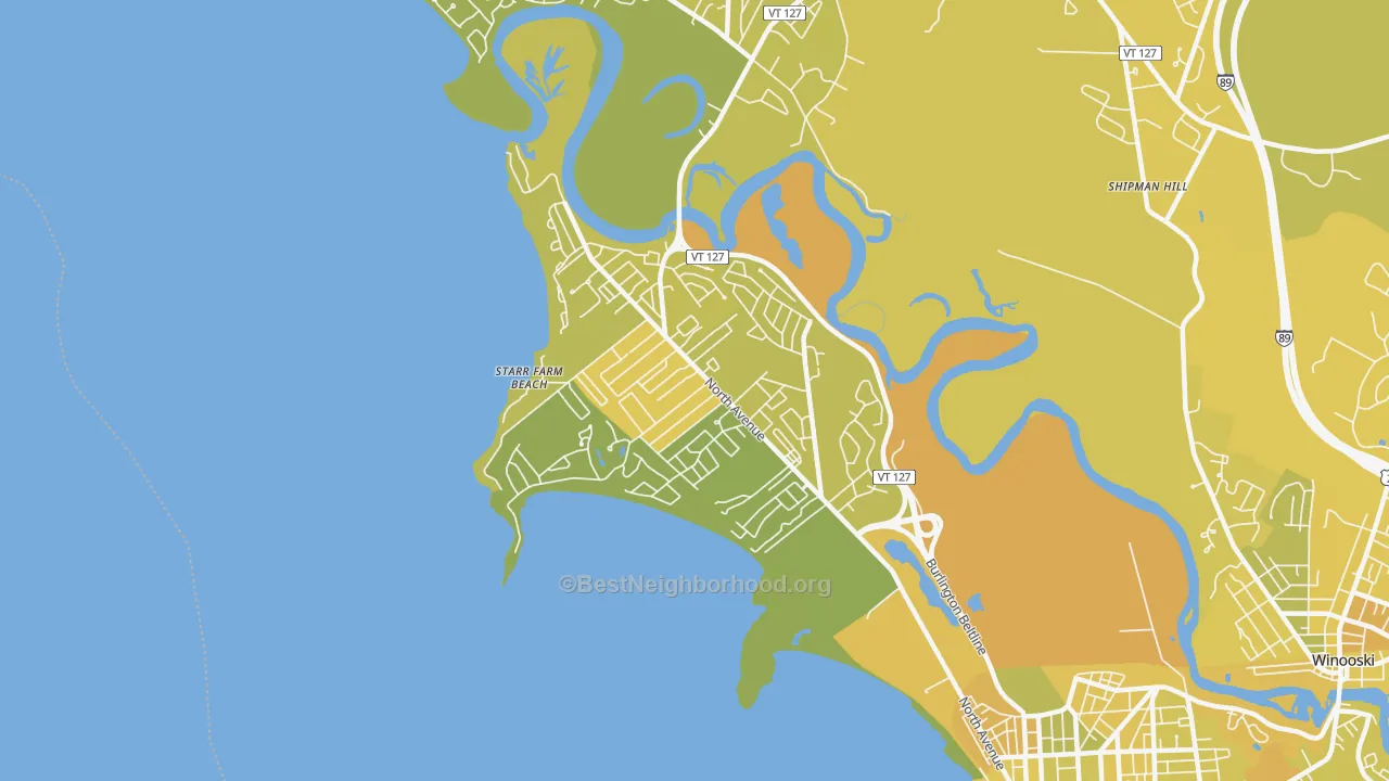 Map of the best neighborhoods in the New North End, Burlington area, with better matches in green and worse matches in red
