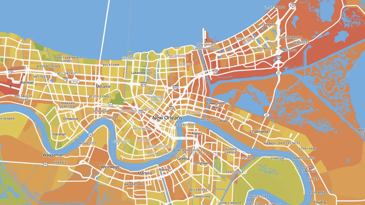 Map of the best neighborhoods in the New Orleans Metro area, with better matches in green and worse matches in red