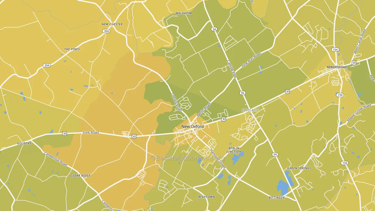 Map of the best neighborhoods in the New Oxford area, with better matches in green and worse matches in red
