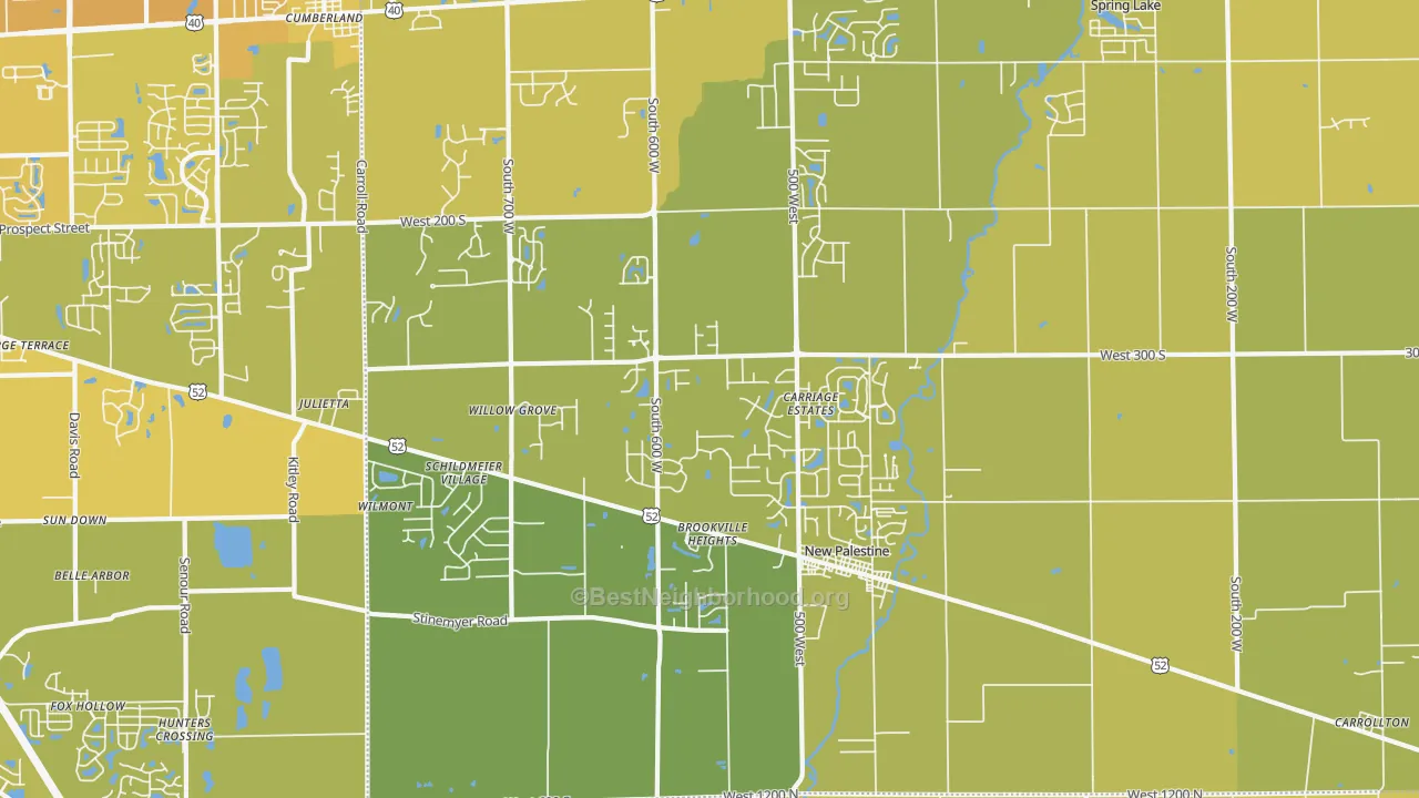 Map of the best neighborhoods in the New Palestine area, with better matches in green and worse matches in red