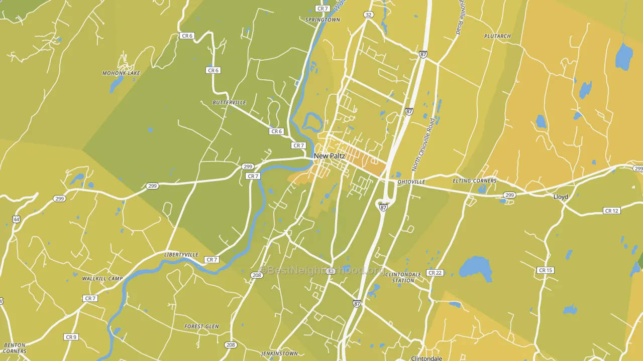 Map of the best neighborhoods in the New Paltz area, with better matches in green and worse matches in red