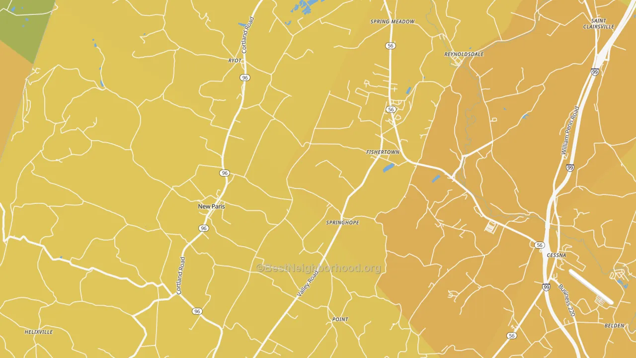 Map of the best neighborhoods in the New Paris area, with better matches in green and worse matches in red