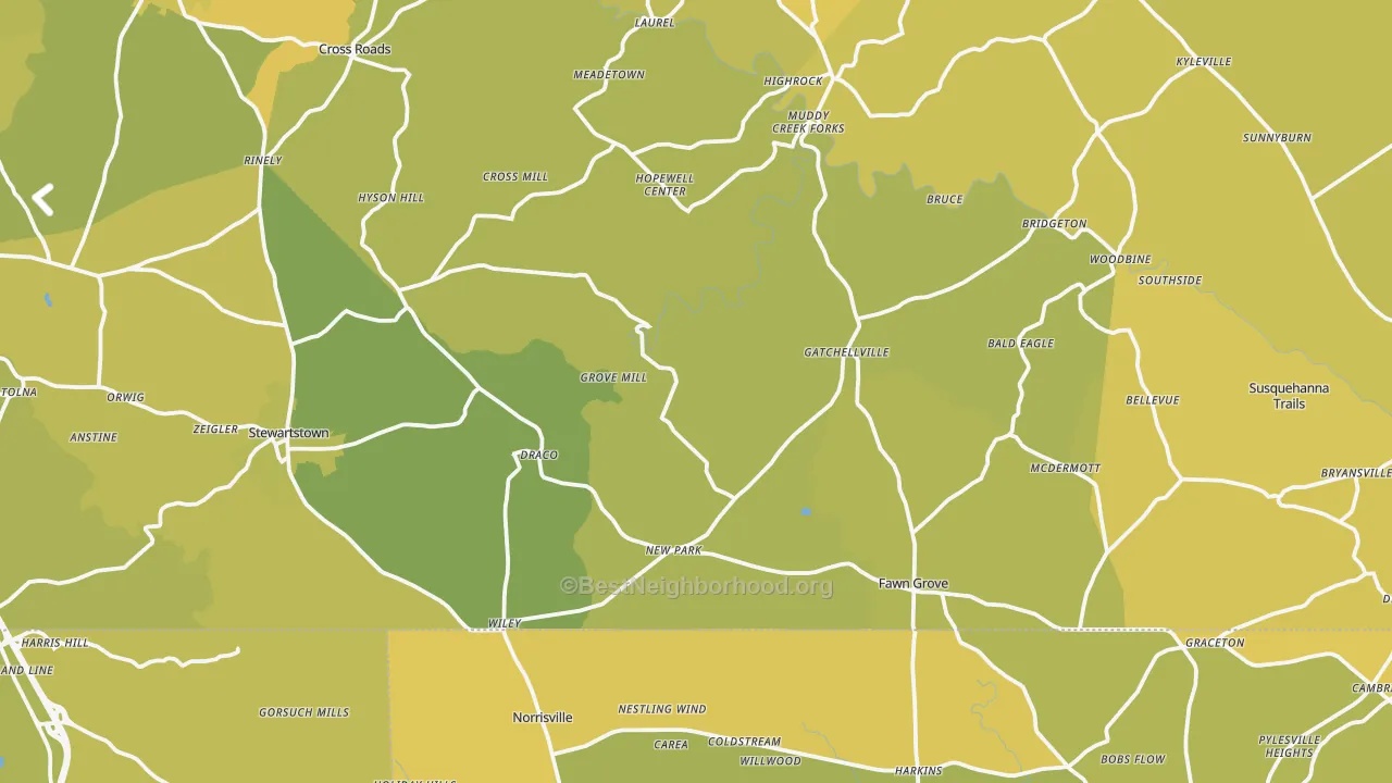 Map of the best neighborhoods in the New Park area, with better matches in green and worse matches in red