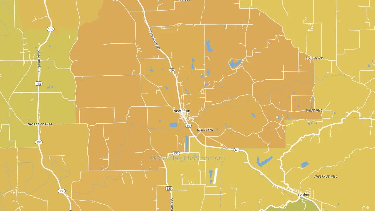 Map of the best neighborhoods in the New Pekin area, with better matches in green and worse matches in red