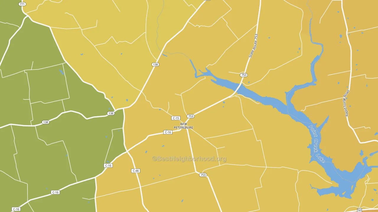 Map of the best neighborhoods in the New Petersburg area, with better matches in green and worse matches in red