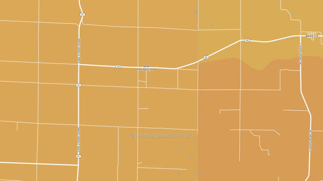 Map of the best neighborhoods in the New Philadelphia area, with better matches in green and worse matches in red