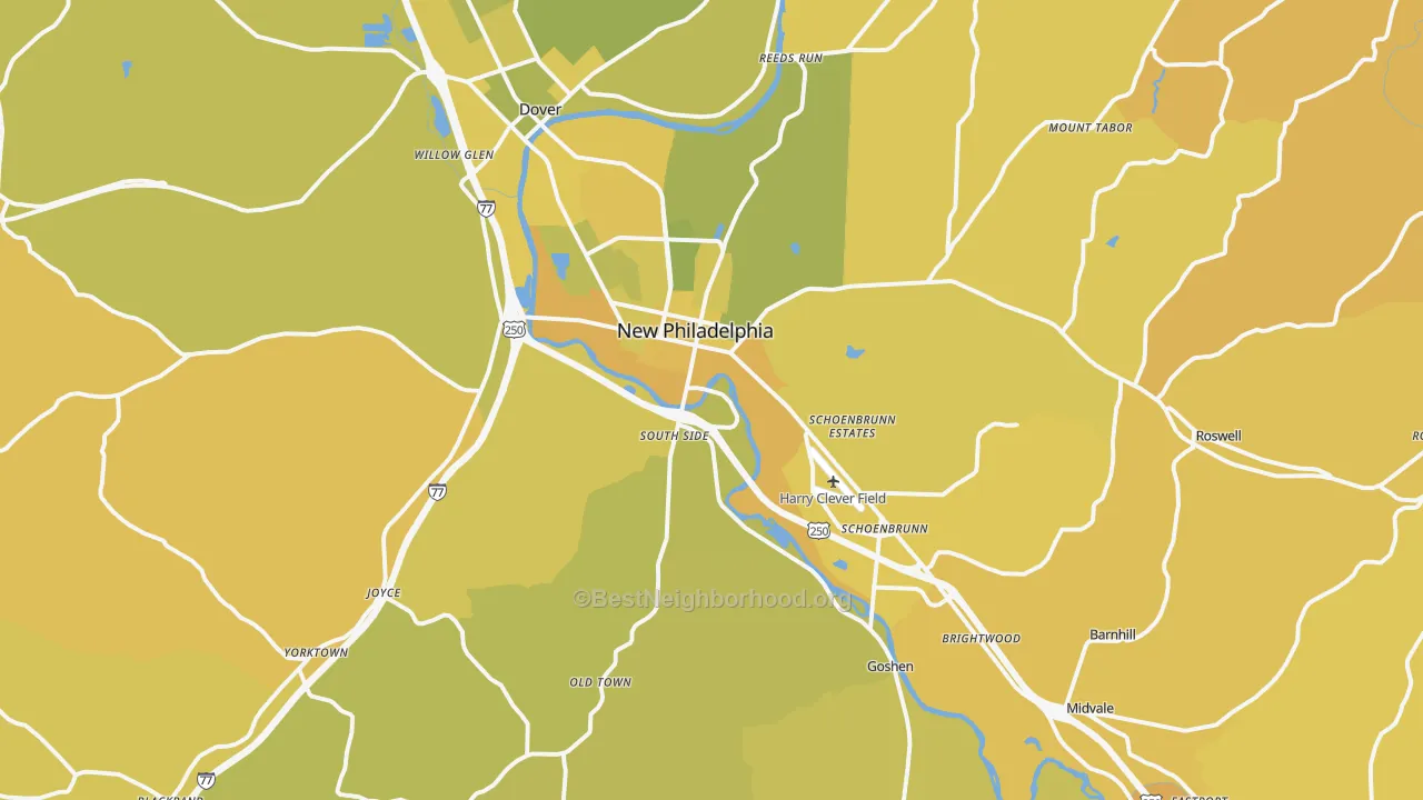 Map of the best neighborhoods in the New Philadelphia area, with better matches in green and worse matches in red