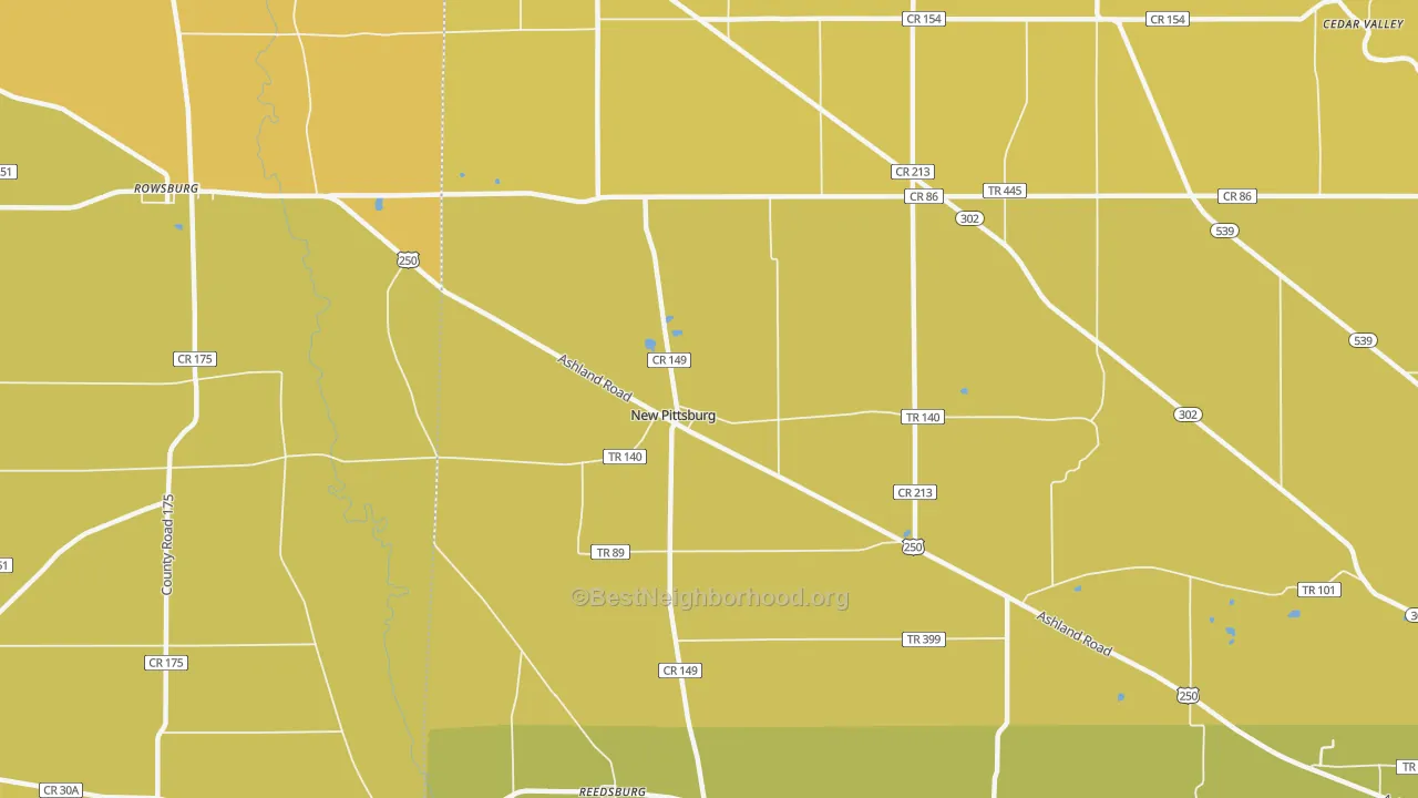 Map of the best neighborhoods in the New Pittsburg area, with better matches in green and worse matches in red