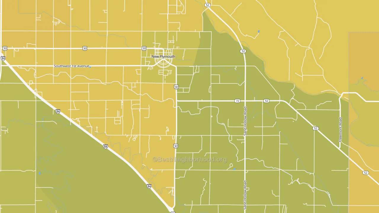 Map of the best neighborhoods in the New Plymouth area, with better matches in green and worse matches in red