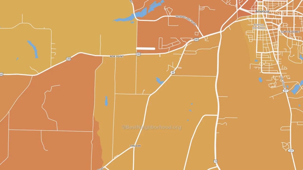 Map of the best neighborhoods in the New Point area, with better matches in green and worse matches in red