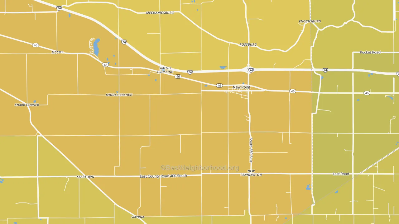 Map of the best neighborhoods in the New Point area, with better matches in green and worse matches in red