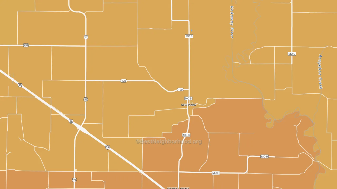 Map of the best neighborhoods in the New Point area, with better matches in green and worse matches in red