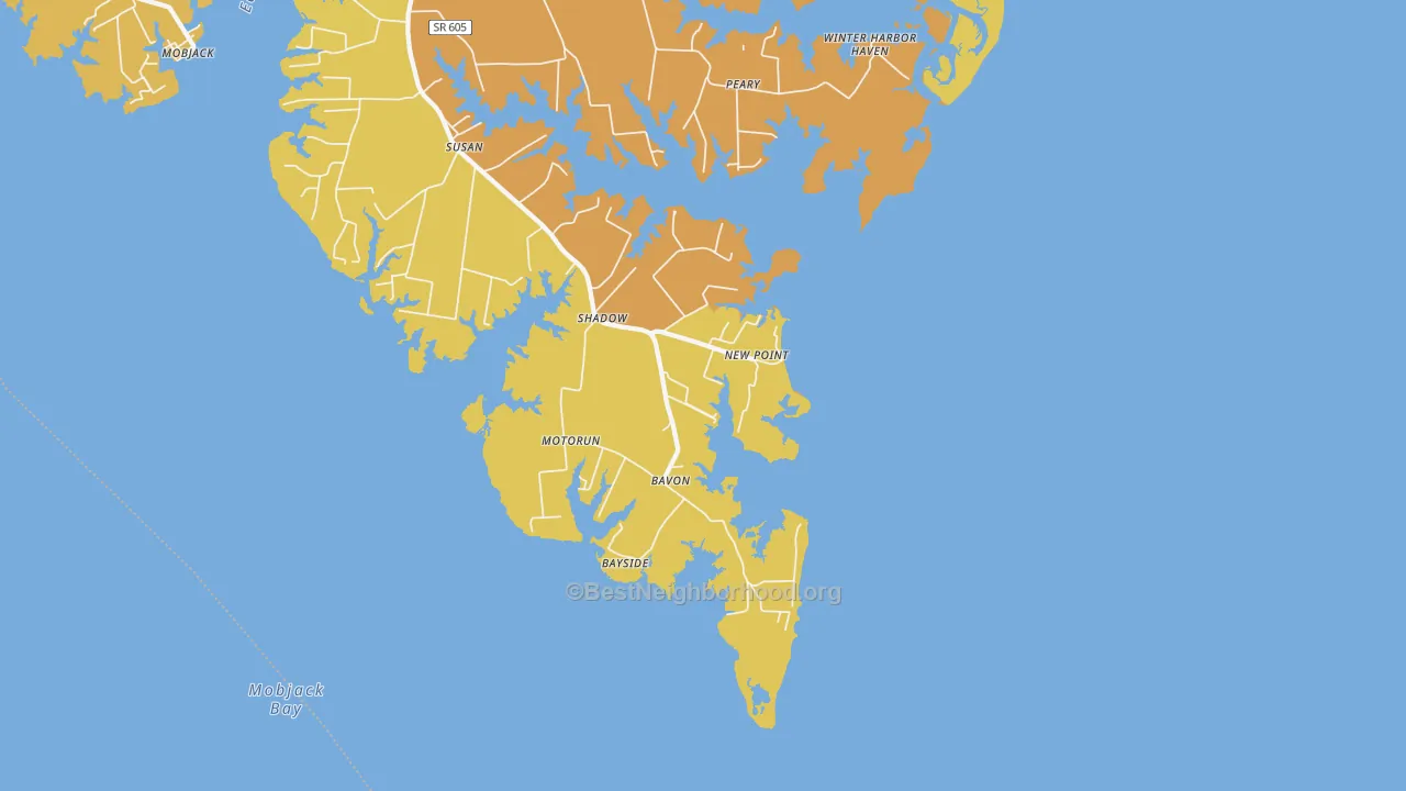 Map of the best neighborhoods in the New Point area, with better matches in green and worse matches in red