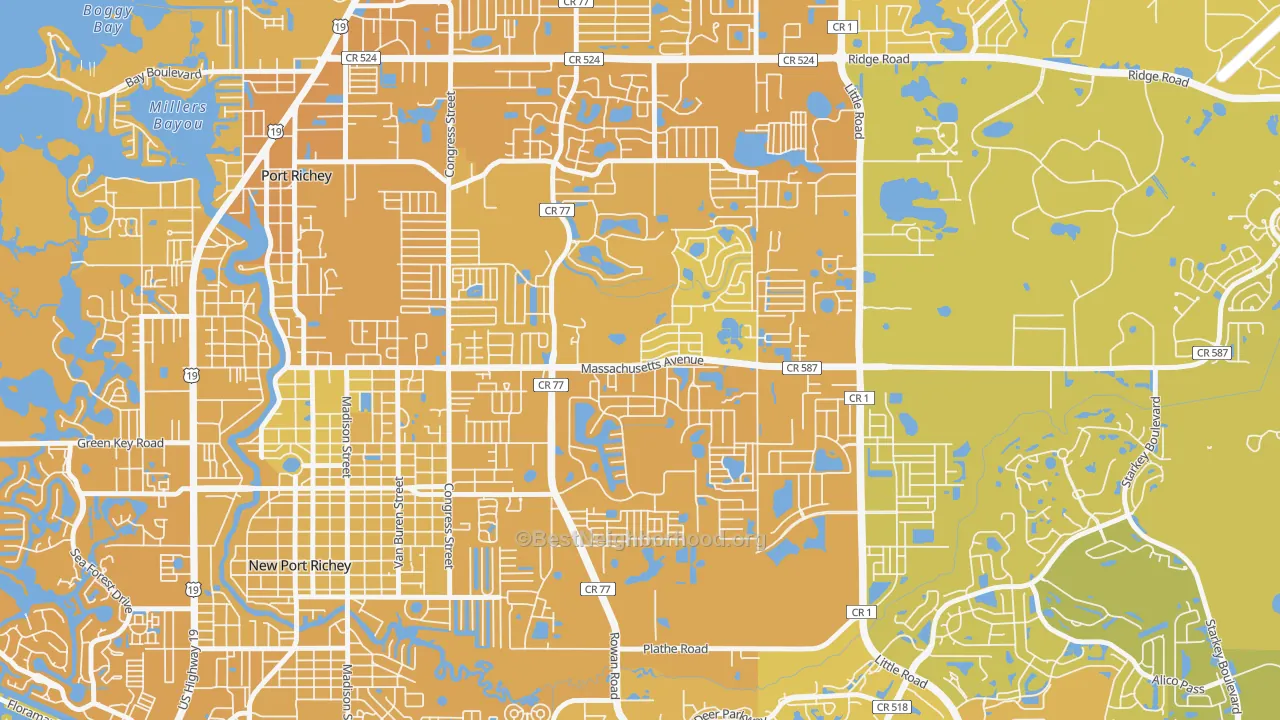 Map of the best neighborhoods in the New Port Richey East area, with better matches in green and worse matches in red