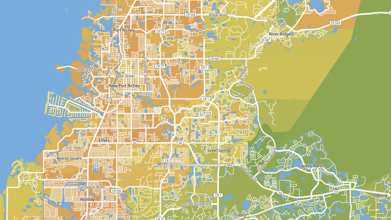 Map of the best neighborhoods in the New Port Richey area, with better matches in green and worse matches in red