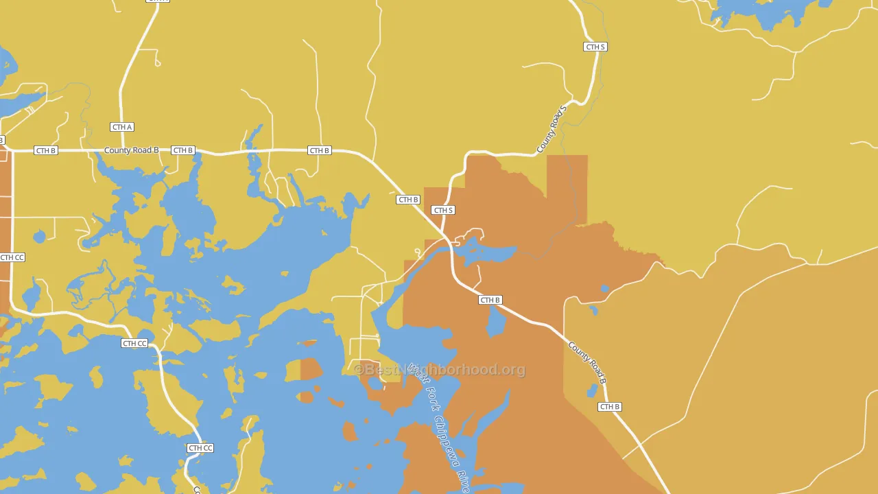 Map of the best neighborhoods in the New Post area, with better matches in green and worse matches in red