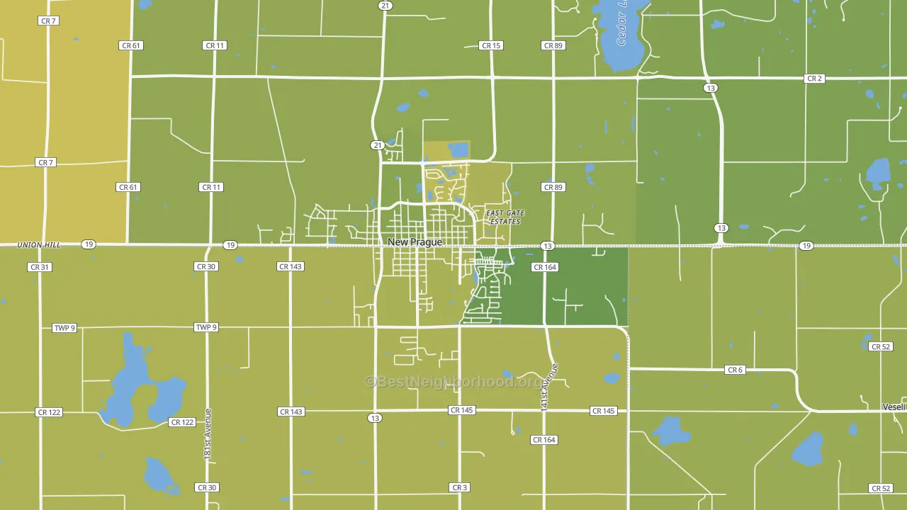 Map of the best neighborhoods in the New Prague area, with better matches in green and worse matches in red