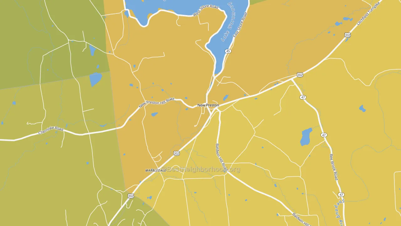 Map of the best neighborhoods in the New Preston area, with better matches in green and worse matches in red
