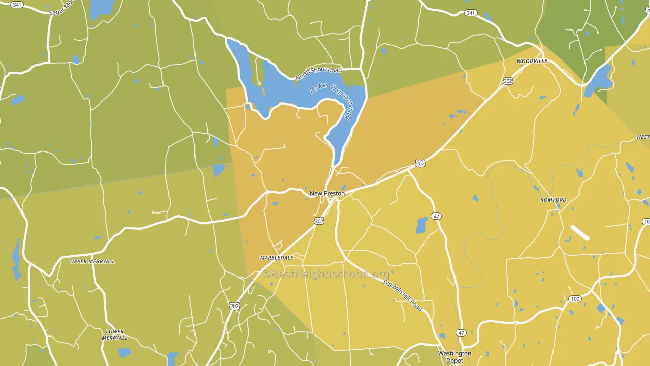 Map of the best neighborhoods in the New Preston-Marble Dale area, with better matches in green and worse matches in red