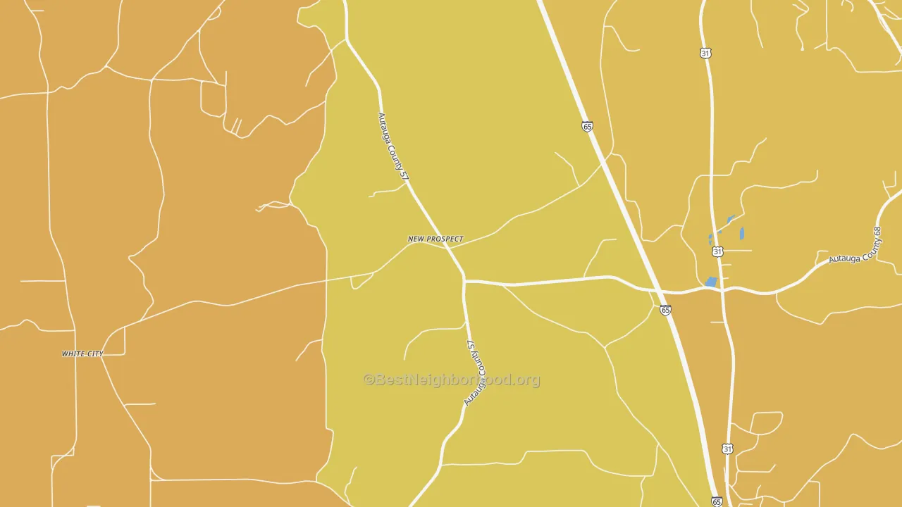 Map of the best neighborhoods in the New Prospect area, with better matches in green and worse matches in red