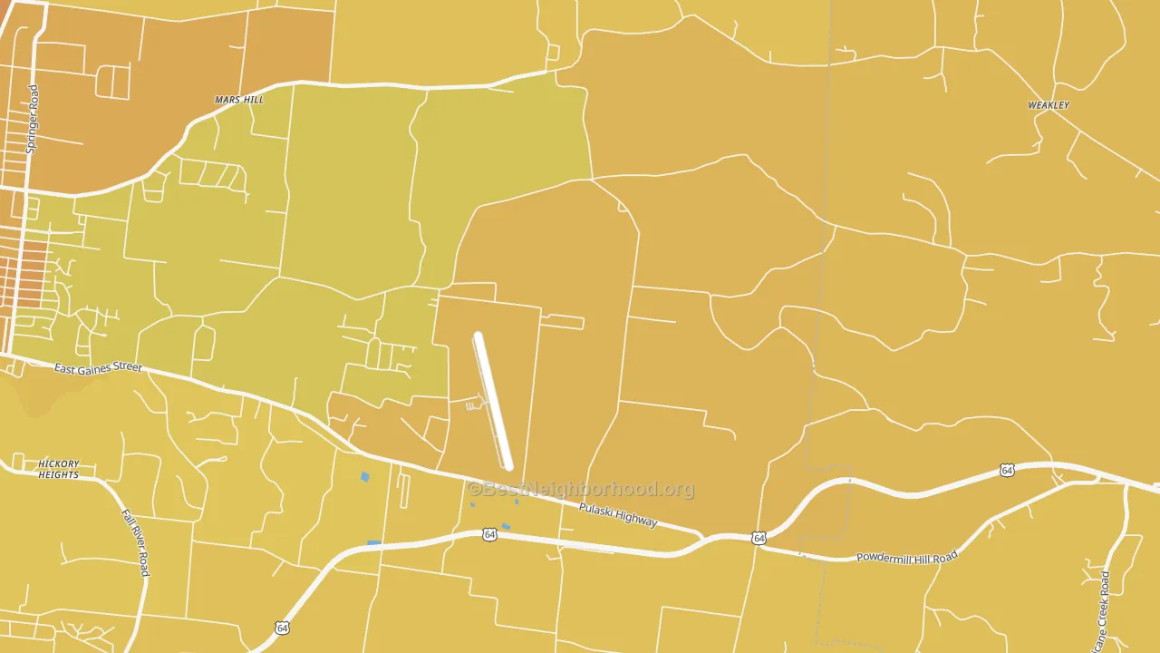 Map of the best neighborhoods in the New Prospect area, with better matches in green and worse matches in red