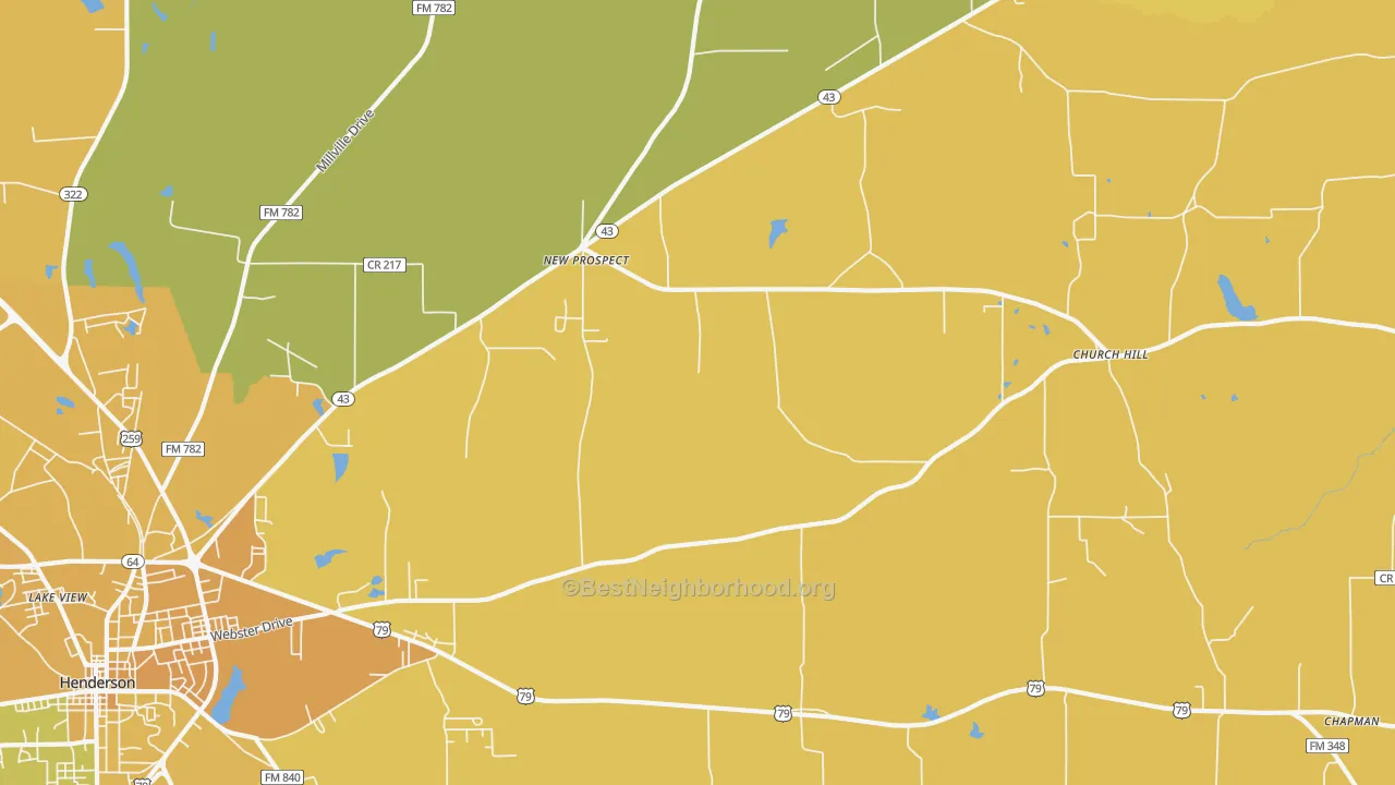 Map of the best neighborhoods in the New Prospect area, with better matches in green and worse matches in red