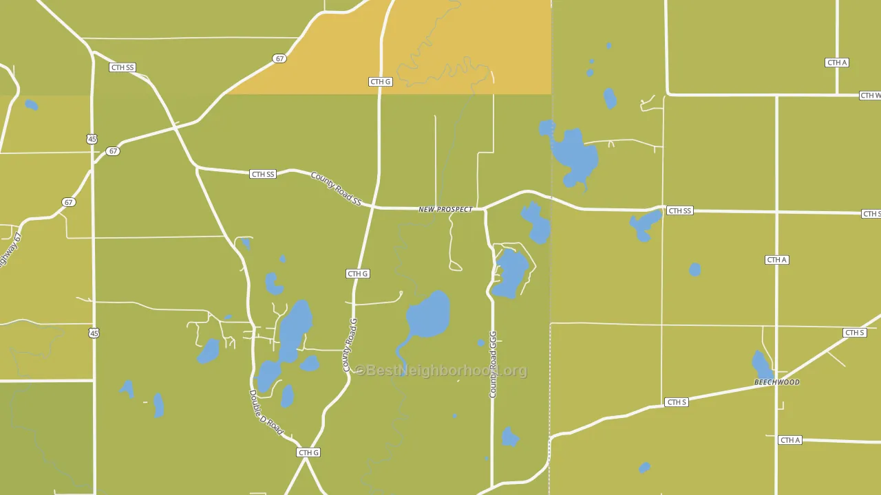 Map of the best neighborhoods in the New Prospect area, with better matches in green and worse matches in red