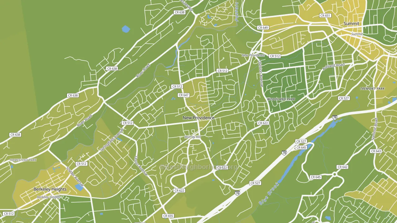 Map of the best neighborhoods in the New Providence area, with better matches in green and worse matches in red