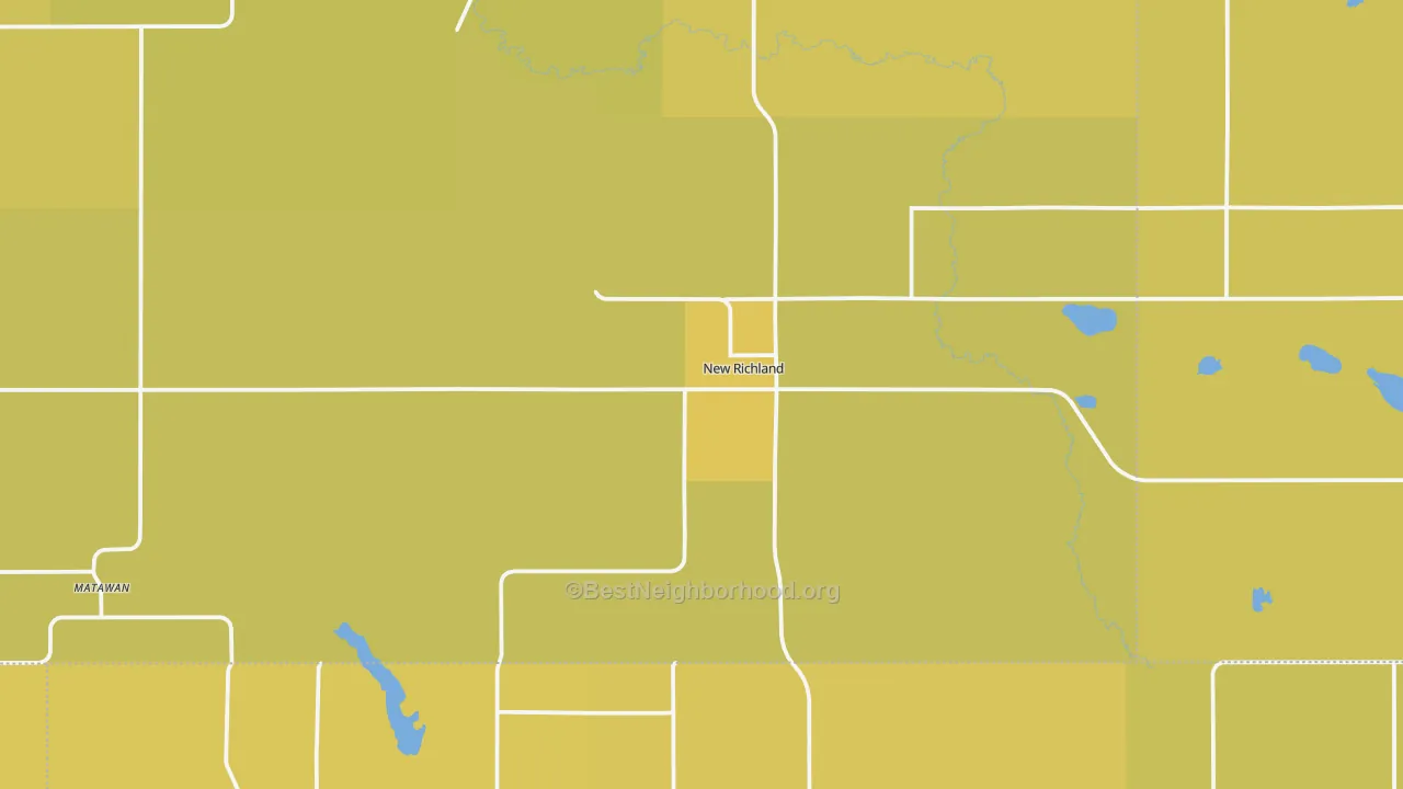 Map of the best neighborhoods in the New Richland area, with better matches in green and worse matches in red