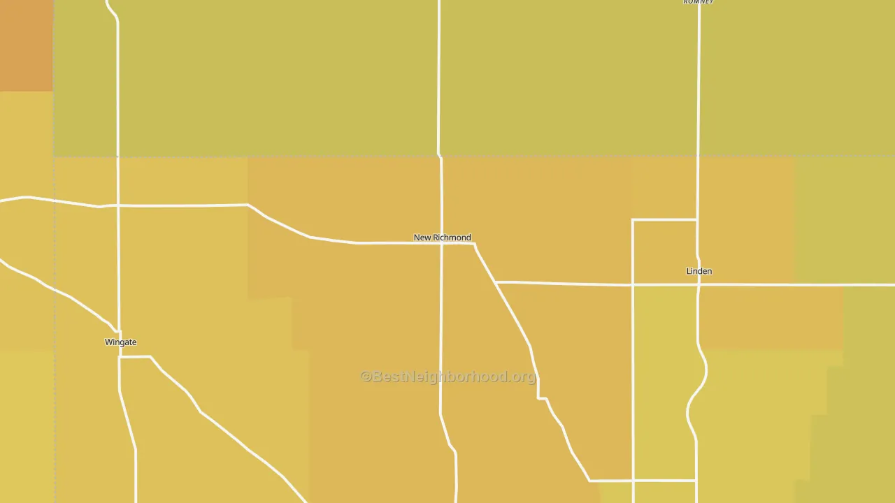 Map of the best neighborhoods in the New Richmond area, with better matches in green and worse matches in red