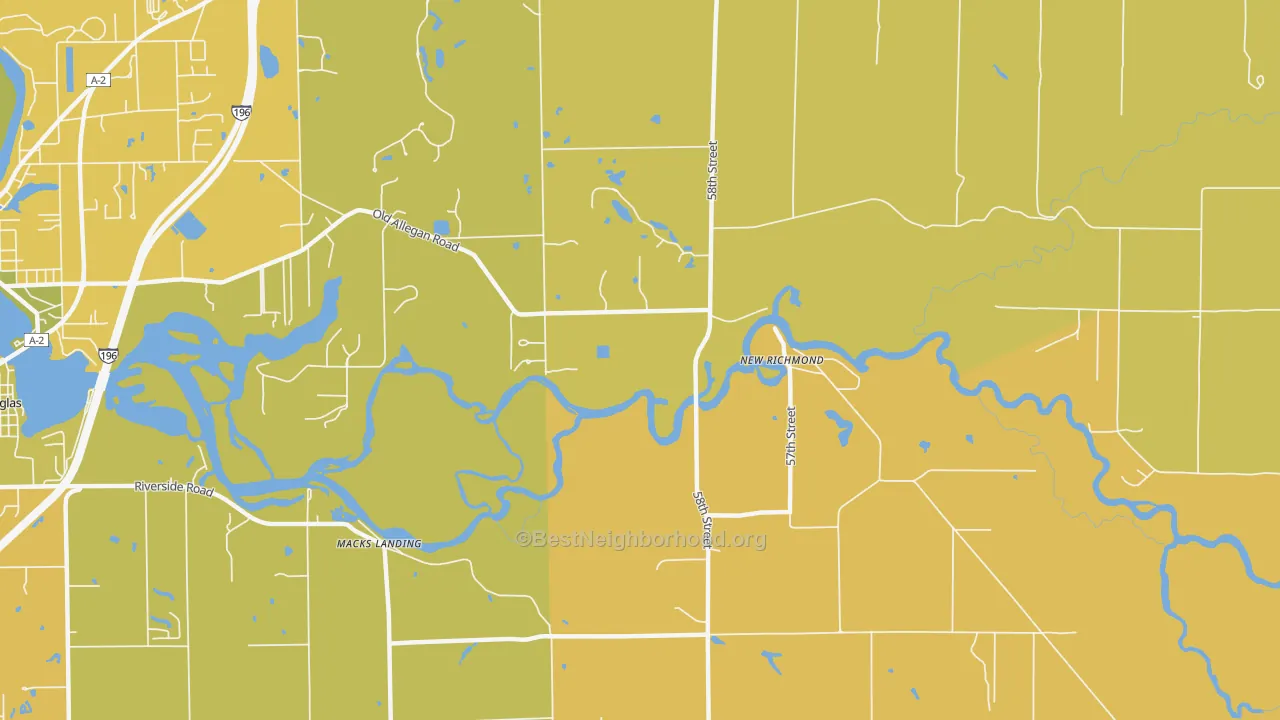 Map of the best neighborhoods in the New Richmond area, with better matches in green and worse matches in red