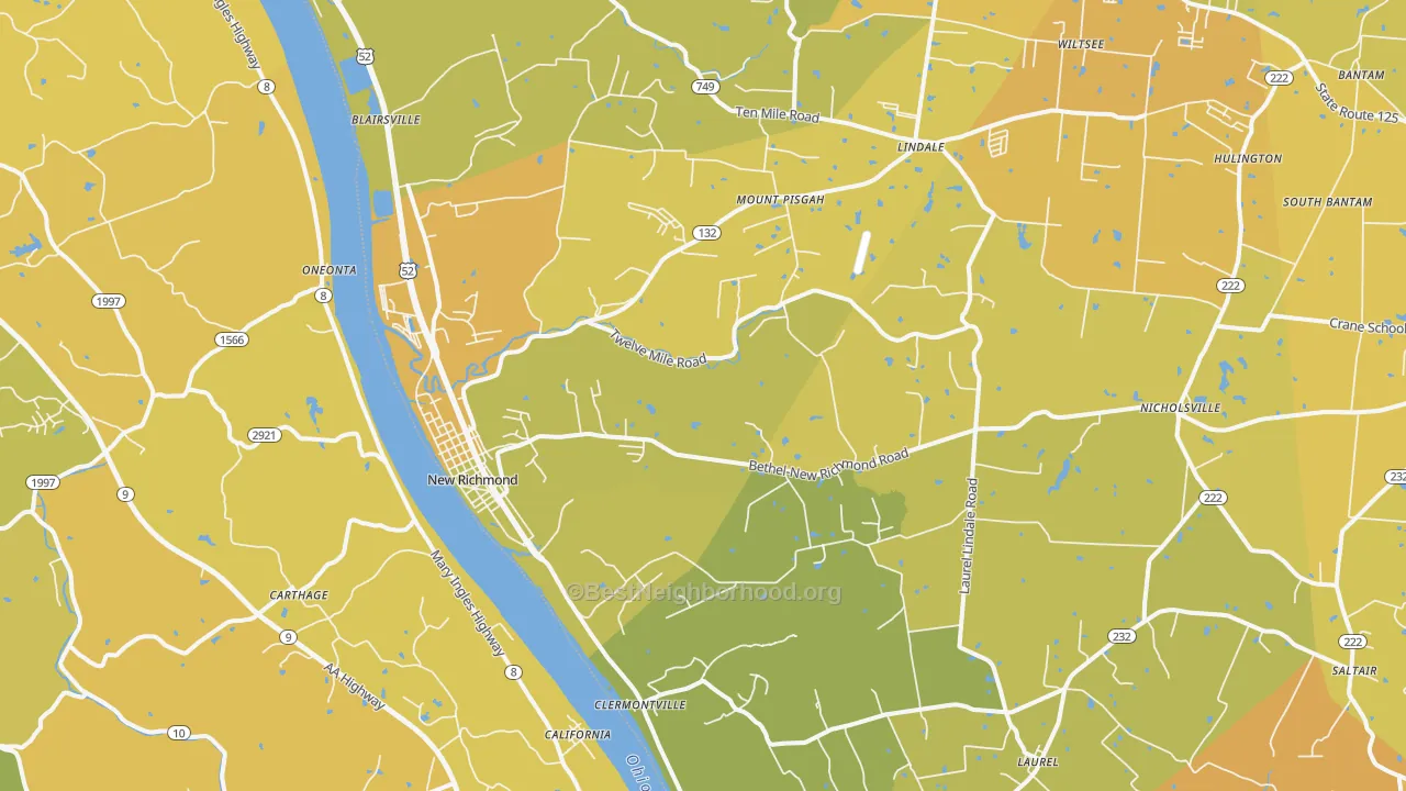 Map of the best neighborhoods in the New Richmond area, with better matches in green and worse matches in red