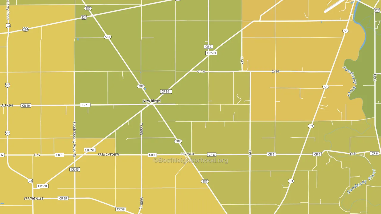 Map of the best neighborhoods in the New Riegel area, with better matches in green and worse matches in red