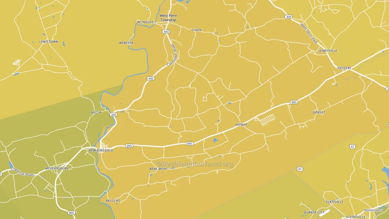 Map of the best neighborhoods in the New Ringgold area, with better matches in green and worse matches in red