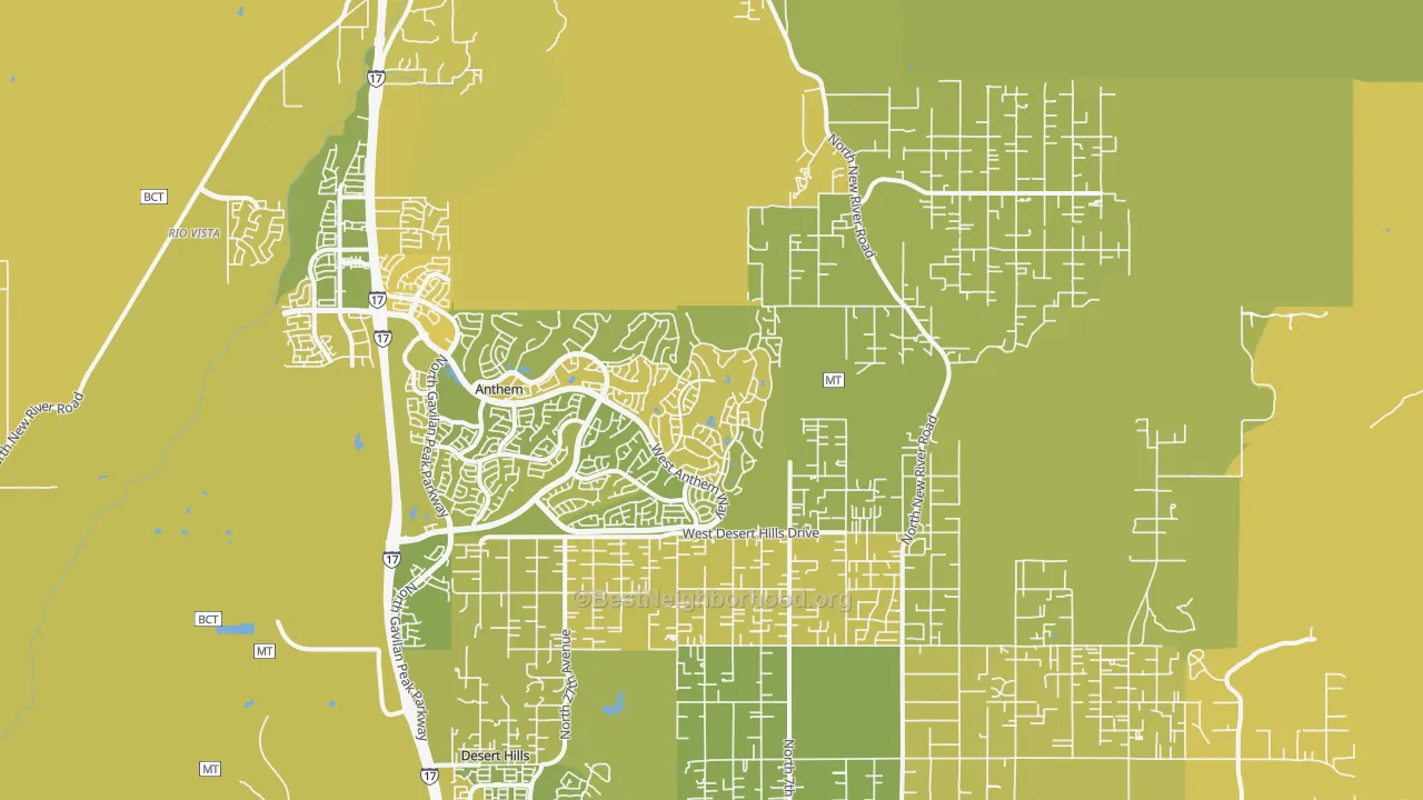 Map of the best neighborhoods in the New River area, with better matches in green and worse matches in red