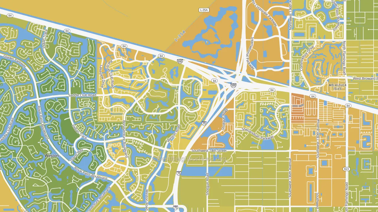 Map of the best neighborhoods in the New River Estates, Sunrise area, with better matches in green and worse matches in red