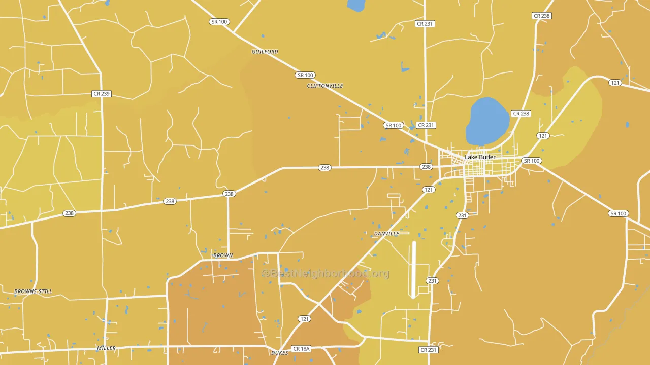 Map of the best neighborhoods in the New River area, with better matches in green and worse matches in red