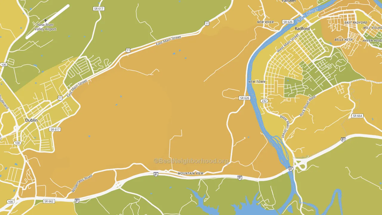 Map of the best neighborhoods in the New River area, with better matches in green and worse matches in red