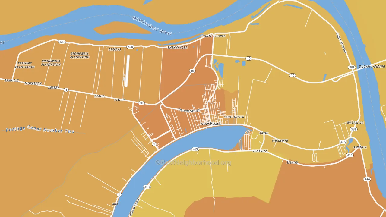 Map of the best neighborhoods in the New Roads area, with better matches in green and worse matches in red