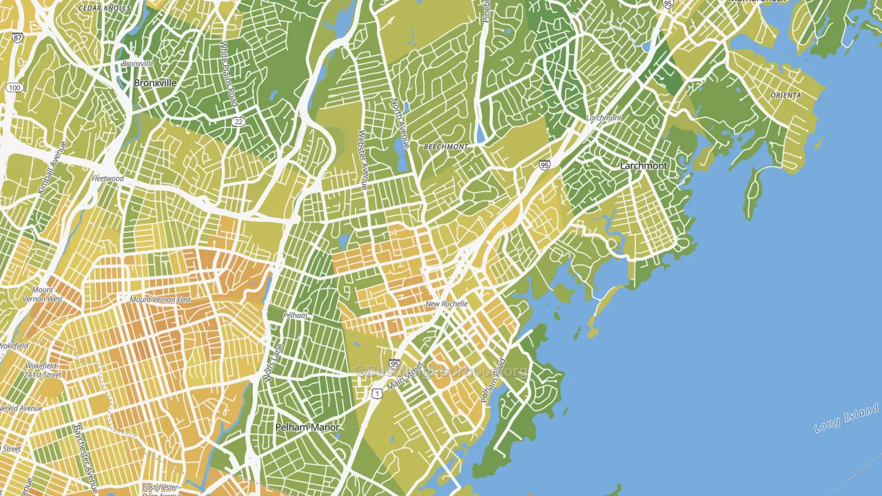 Map of the best neighborhoods in the New Rochelle area, with better matches in green and worse matches in red